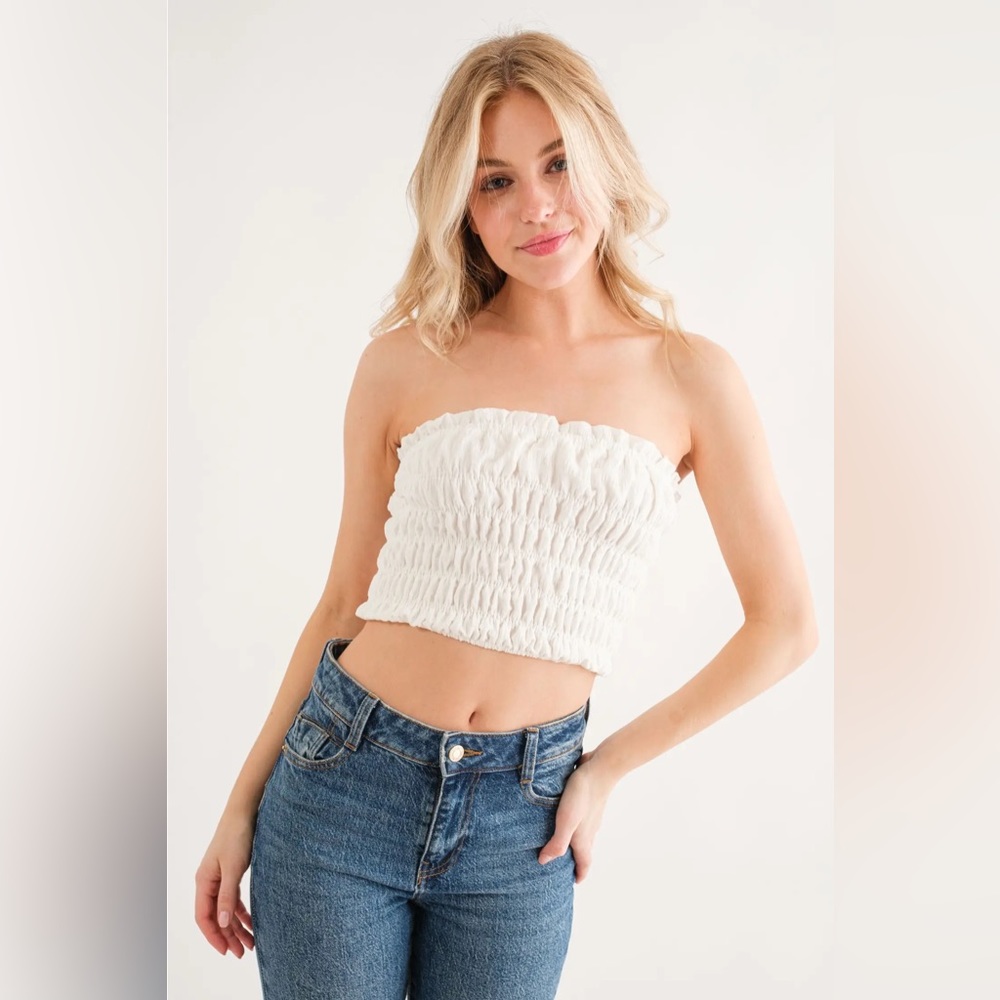 Solid Ruffle Smocked Tube Top in White